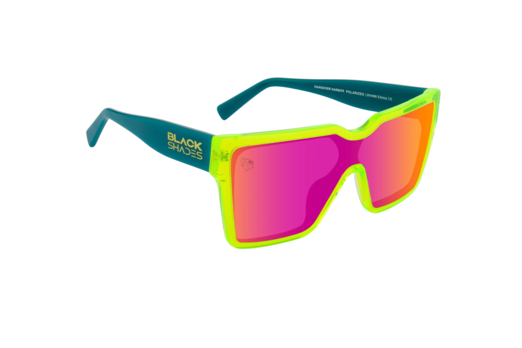 Product photo of Black Shades sunglasses, "Hangover Harbor," is a neon green frame with neon pink lenses.